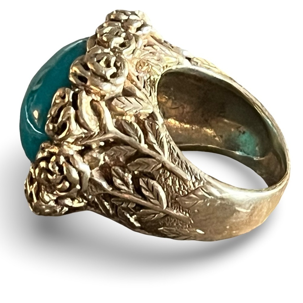 Vintage Gold Over Sterling Silver Turquoise Rose and Stem Floral Ring Size 6.5 - Picture 3 of 7